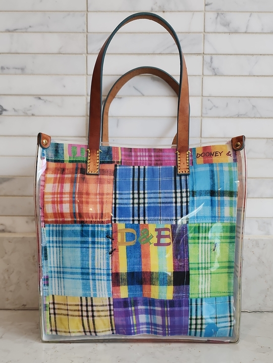 Dooney & Bourke Handbags - Dooney & Bourke Multicolor Plaid Patchwork Clear Tote with Brown Leather Handles